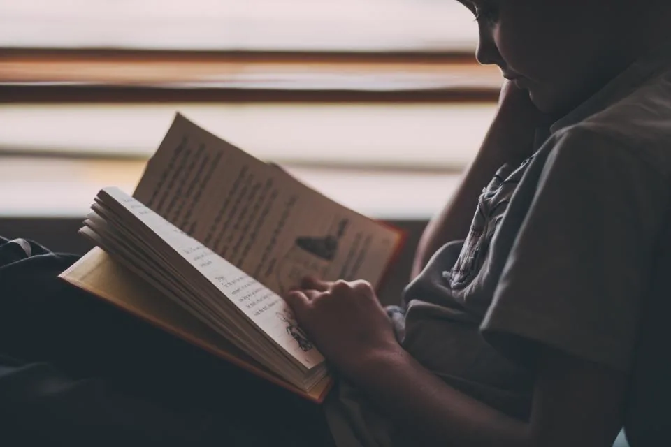 A young child absorbed in reading a book by a window in warm light